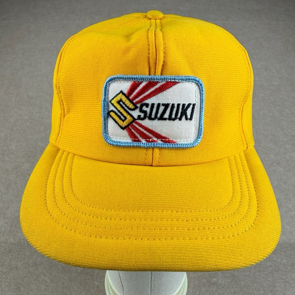 Vintage Suzuki Patch Trucker Hat Cap S-M Yellow Snapback Motorcycle‎ Made in USA